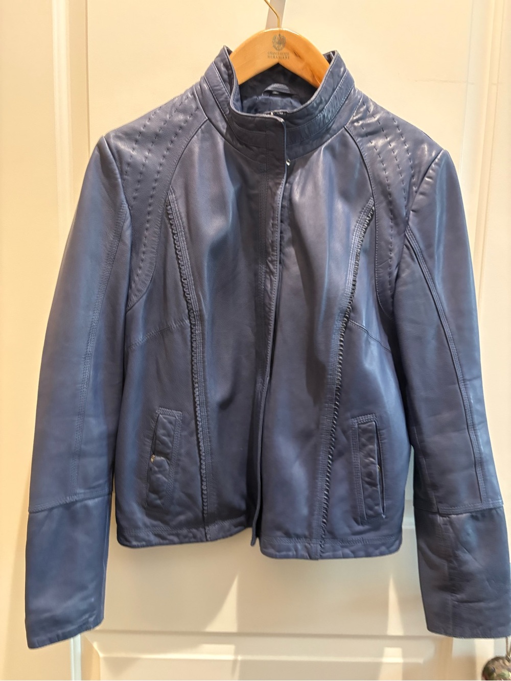 Women's Blue Leather Zip-Front Jacket
